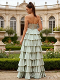 Sage Green Strapless Sweetheart Sheer Rhinestone Corset Bodice Tiered Cake A-Line Prom Dress with Seven-Layer Satin Ruffle Skirt and Open Back