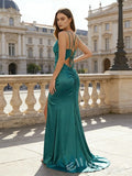 Emerald Green Spaghetti Strap Cowl Neck Satin Mermaid Prom Dress with Strappy Lace-Up Back and High Slit