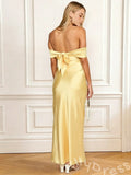 Lemon Yellow Off-Shoulder Satin Sheath Prom Dress with Ruched Draped Bust Open Back and Bow Tie