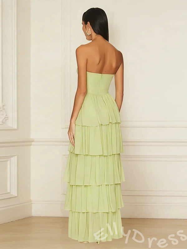 Lime Green Strapless Sweetheart Chiffon Tiered Cake A-Line Prom Dress with Ruched Twist Bust Five-Layer Pleated Ruffles and Open Back
