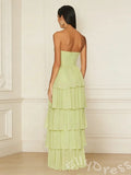 Lime Green Strapless Sweetheart Chiffon Tiered Cake A-Line Prom Dress with Ruched Twist Bust Five-Layer Pleated Ruffles and Open Back