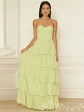 Lime Green Strapless Sweetheart Chiffon Tiered Cake A-Line Prom Dress with Ruched Twist Bust Five-Layer Pleated Ruffles and Open Back