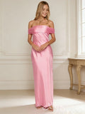 Lemon Yellow Off-Shoulder Satin Sheath Prom Dress with Ruched Draped Bust Open Back and Bow Tie