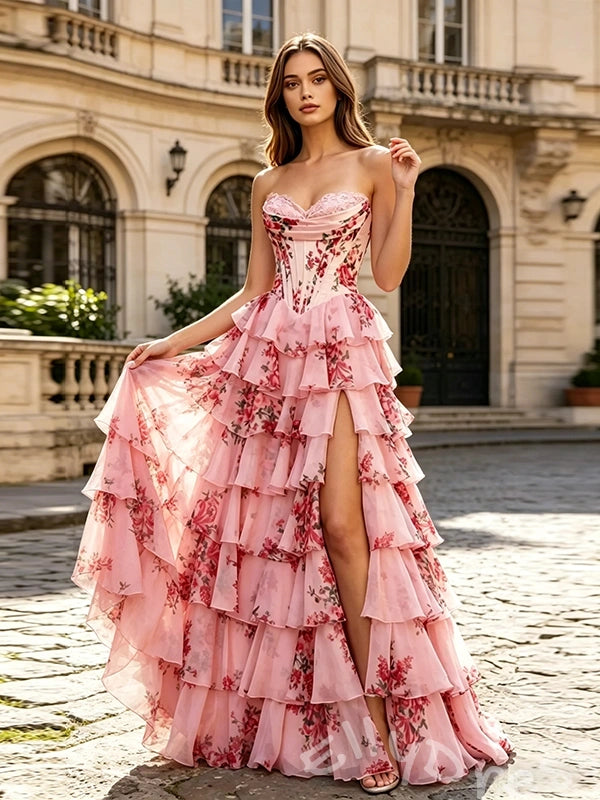 Pink Rose Floral Print Strapless Sweetheart Ruffle A-Line Prom Dress with 3D Rose Flower