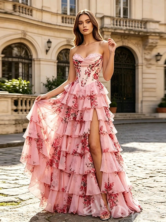 Pink Rose Floral Print Strapless Sweetheart Ruffle A-Line Prom Dress with 3D Rose Flower