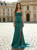 Emerald Green Spaghetti Strap Cowl Neck Satin Mermaid Prom Dress with Strappy Lace-Up Back and High Slit
