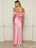 Lemon Yellow Off-Shoulder Satin Sheath Prom Dress with Ruched Draped Bust Open Back and Bow Tie