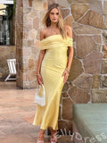 Lemon Yellow Off-Shoulder Satin Sheath Prom Dress with Ruched Draped Bust Open Back and Bow Tie