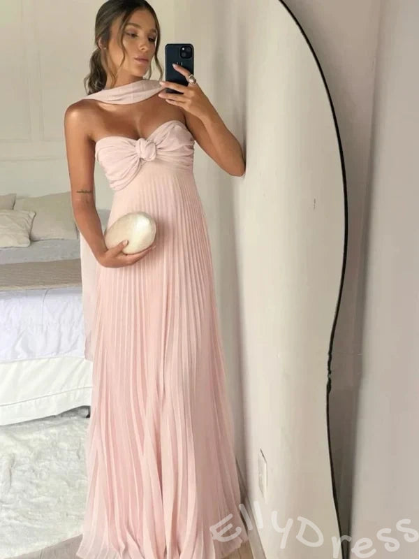 Cute Pink A-Line Chiffon Sleeveless Sweetheart Long Prom Dress