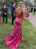 Fuchsia Magenta Wide Strap Deep V-Neck Full Sequin Embroidered Mermaid Prom Dress with Tropical Leaf Pattern Iridescent Multi-Color Shimmer Open Back and Sweep Train