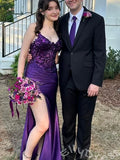 Deep Purple Spaghetti Strap Sweetheart Sheer Lace Corset Satin Mermaid Prom Dress with Sequin Embroidery Ruched Side High Slit Lace-Up Back and Sweep Train