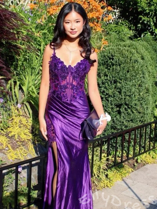 Deep Purple Spaghetti Strap Sweetheart Sheer Lace Corset Satin Mermaid Prom Dress with Sequin Embroidery Ruched Side High Slit Lace-Up Back and Sweep Train