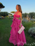 Blush Pink Halter Criss Cross Neck Chiffon Five-Tier Cake A-Line Prom Dress with Twist Neckline Open Low V Back and Pockets