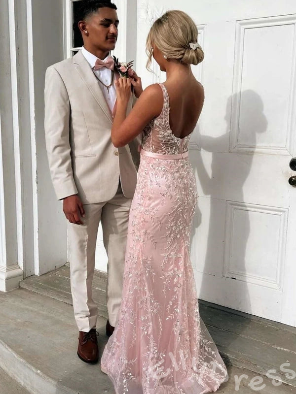 Blush Pink Wide Strap Scoop Neck Sheer Lace Corset Bodice Full Floral Embroidered Mermaid Prom Dress with Bow Waist Sheer Lace Low Back and Sweep Train