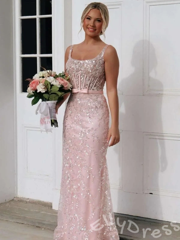 Blush Pink Wide Strap Scoop Neck Sheer Lace Corset Bodice Full Floral Embroidered Mermaid Prom Dress with Bow Waist Sheer Lace Low Back and Sweep Train