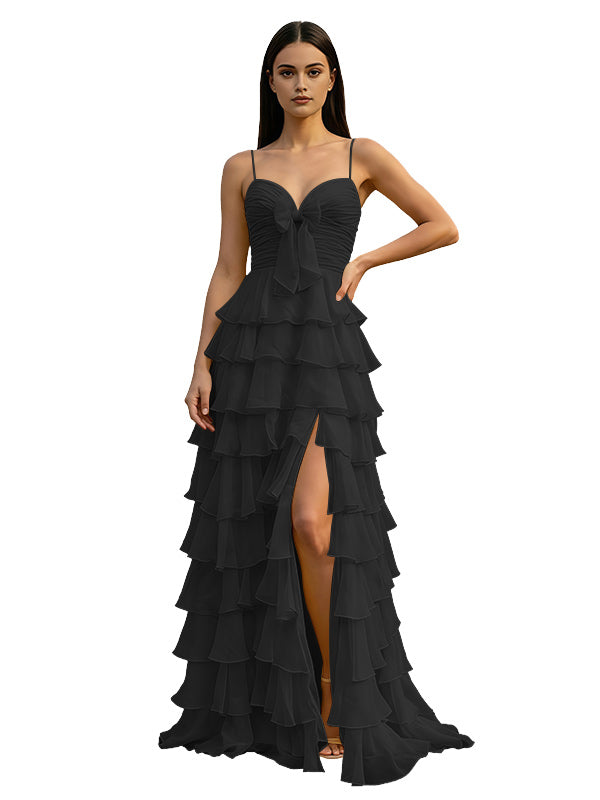 Yellow Spaghetti Strap Sweetheart A-Line Prom Dress with Layered Ruffles Bow Front Lace-Up Back and High Slit