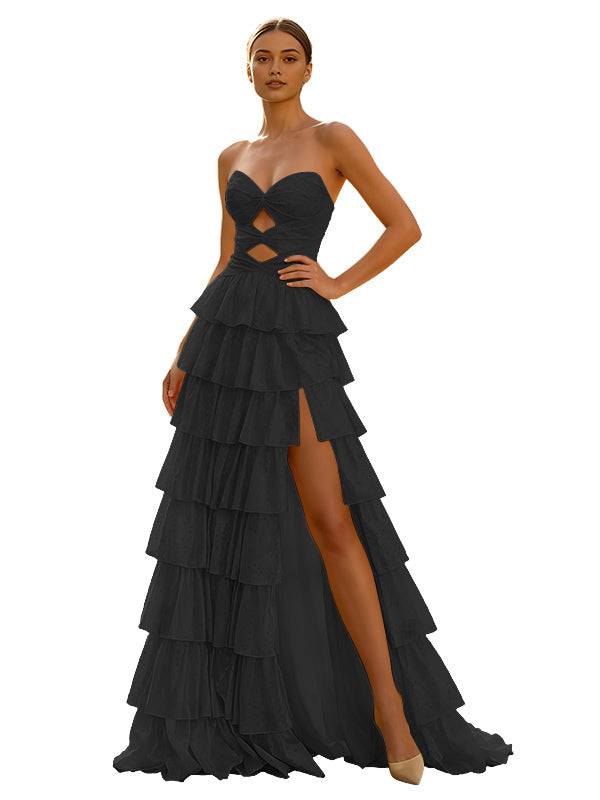 Cute Yellow A-Line Sweetheart Lace-Up Long Prom Dress With Slit