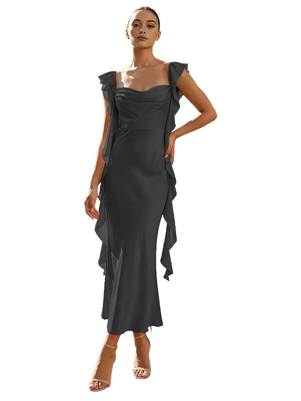 Blush Pink Ruffle Sleeve Cowl Neck Satin Prom Dress with Side Ruffles Lace-Up Back Tea Length