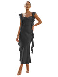 Blush Pink Ruffle Sleeve Cowl Neck Satin Prom Dress with Side Ruffles Lace-Up Back Tea Length
