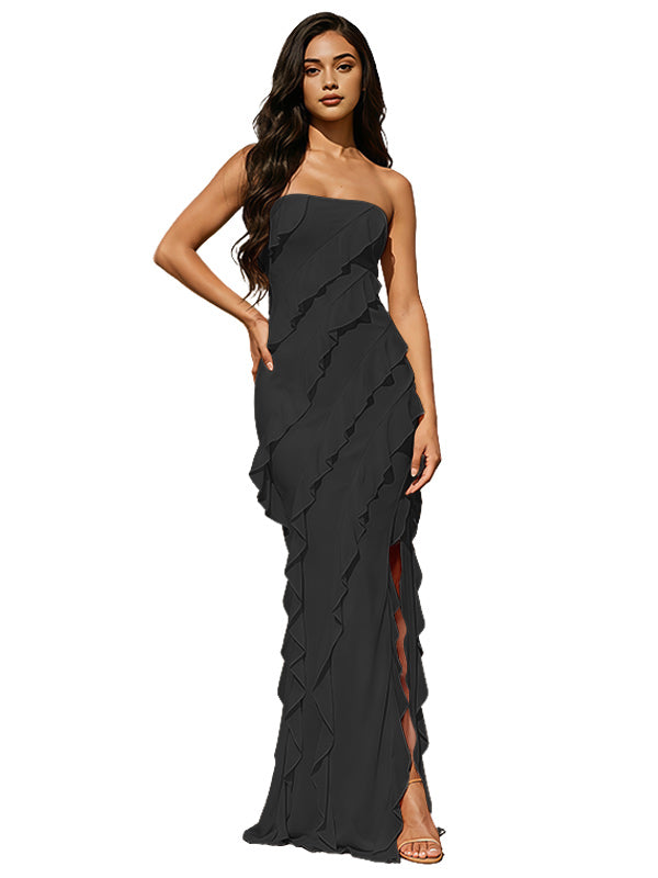 Blush Pink Strapless Mermaid Prom Dress with Diagonal Layered Ruffles High Slit Open Back