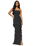 Blush Pink Strapless Mermaid Prom Dress with Diagonal Layered Ruffles High Slit Open Back