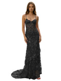 Coral Pink Spaghetti Strap Sweetheart Sheer Lace Mermaid Prom Dress with 3D Floral Embroidery Tiered Hem Corset Back and Sweep Train