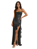 Pink Spaghetti Strap Cowl Neck Sequin Mermaid Prom Dress with Side Ruffle High Slit and Lace-Up Back