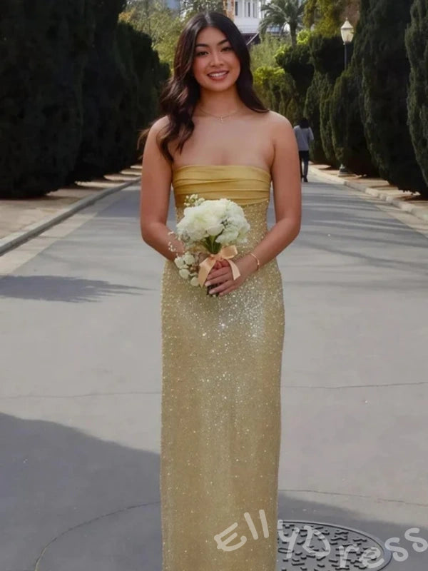 Lilac Strapless Straight Neck Full Sequin Embroidered Sheath Prom Dress with Satin Ruched Bust Corset Lace-Up Back and Back Slit Tea Length