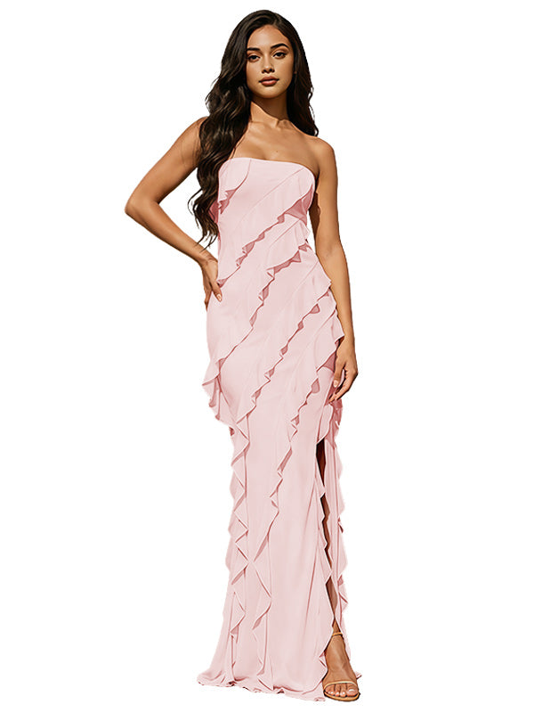 Blush Pink Strapless Mermaid Prom Dress with Diagonal Layered Ruffles High Slit Open Back
