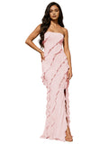 Blush Pink Strapless Mermaid Prom Dress with Diagonal Layered Ruffles High Slit Open Back