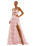 Cute Yellow A-Line Sweetheart Lace-Up Long Prom Dress With Slit