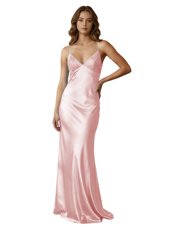 Blue Spaghetti Strap V-Neck Lace Bodice Open Back Bow Mermaid Prom Dress