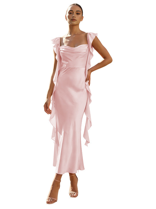 Blush Pink Ruffle Sleeve Cowl Neck Satin Prom Dress with Side Ruffles Lace-Up Back Tea Length