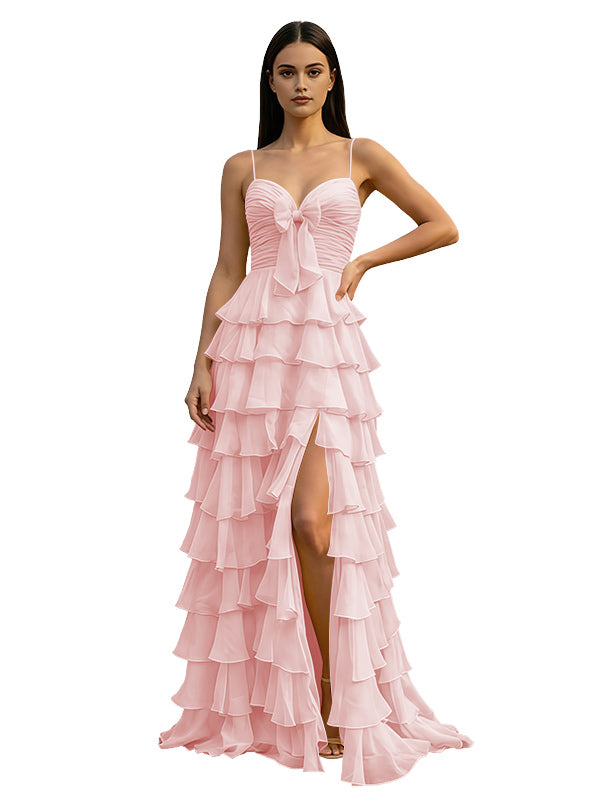 Yellow Spaghetti Strap Sweetheart A-Line Prom Dress with Layered Ruffles Bow Front Lace-Up Back and High Slit