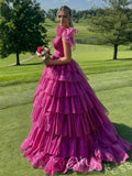 Pink Iridescent Wide Strap Bow Tie Deep V-Neck Tiered Cake Ball Gown Prom Dress with Metallic Jacquard Fabric Wide Waistband Eight-Layer Ruffles and Open Back