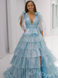 Pink Iridescent Wide Strap Bow Tie Deep V-Neck Tiered Cake Ball Gown Prom Dress with Metallic Jacquard Fabric Wide Waistband Eight-Layer Ruffles and Open Back