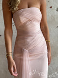 Blush Pink Strapless Straight Neck Chiffon Sheath Prom Dress with Diagonal Criss Cross Ruched Wrap Twist Gathered Waist and Asymmetric Draped Hem