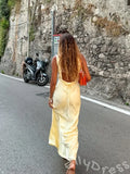 Popular Mermaid Satin Spaghetti Straps Yellow Long Prom Dress Evening Gown