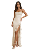 Pink Spaghetti Strap Cowl Neck Sequin Mermaid Prom Dress with Side Ruffle High Slit and Lace-Up Back
