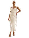 Blush Pink Ruffle Sleeve Cowl Neck Satin Prom Dress with Side Ruffles Lace-Up Back Tea Length