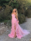 White Strapless Sweetheart Satin Corset Bodice Full 3D Rose Floral Applique Mermaid Prom Dress with Front High Slit Sheer Tulle Underskirt and Sweep Train
