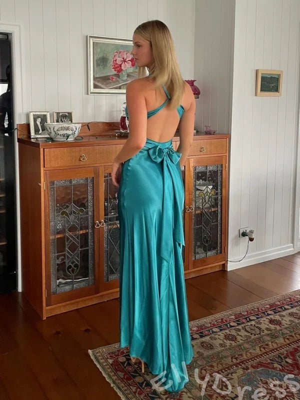 Lemon Yellow Wide Strap Deep V-Neck Satin Mermaid Prom Dress with Twist Cutout Waist Criss Cross Back Bow Tie Open Back and Sweep Train