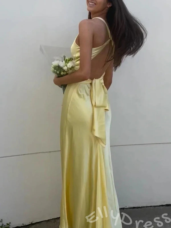 Lemon Yellow Wide Strap Deep V-Neck Satin Mermaid Prom Dress with Twist Cutout Waist Criss Cross Back Bow Tie Open Back and Sweep Train