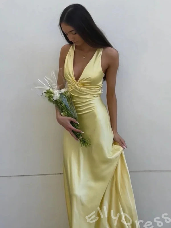 Lemon Yellow Wide Strap Deep V-Neck Satin Mermaid Prom Dress with Twist Cutout Waist Criss Cross Back Bow Tie Open Back and Sweep Train