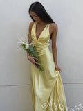Lemon Yellow Wide Strap Deep V-Neck Satin Mermaid Prom Dress with Twist Cutout Waist Criss Cross Back Bow Tie Open Back and Sweep Train