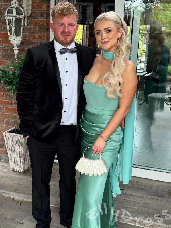 Blush Pink Strapless Straight Neck Satin Sheath Mermaid Prom Dress with Diagonal Side Ruched Drape Fitted Waist Trumpet Hem and Open Back