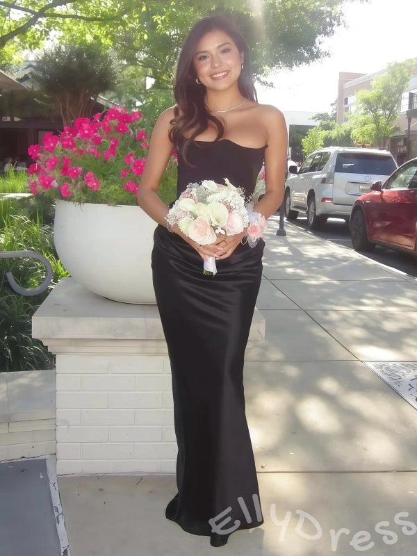 Blush Pink Strapless Straight Neck Satin Sheath Mermaid Prom Dress with Diagonal Side Ruched Drape Fitted Waist Trumpet Hem and Open Back