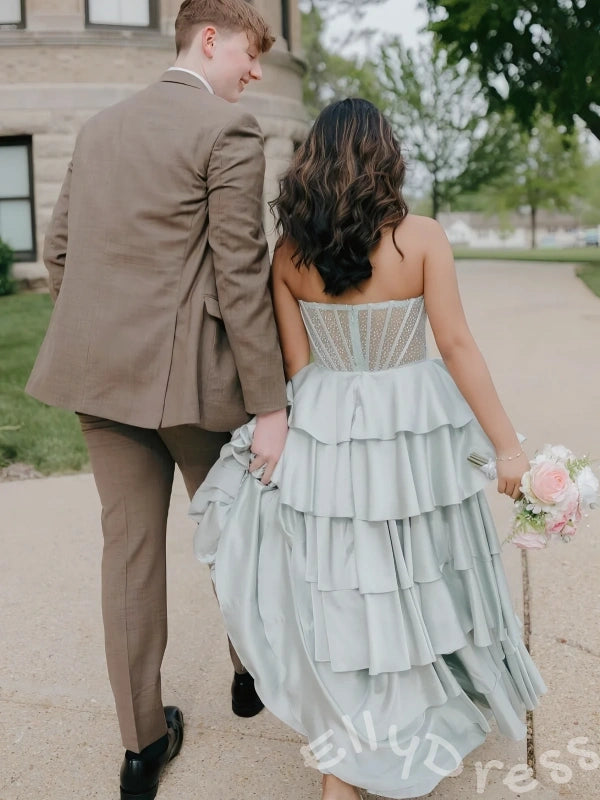 Sage Green Strapless Sweetheart Sheer Rhinestone Corset Bodice Tiered Cake A-Line Prom Dress with Seven-Layer Satin Ruffle Skirt and Open Back