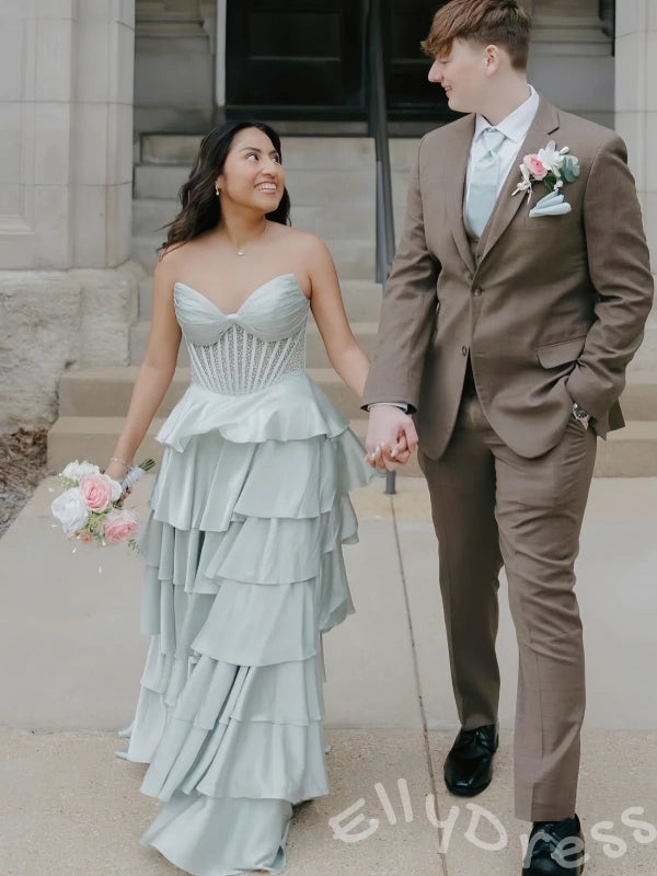 Sage Green Strapless Sweetheart Sheer Rhinestone Corset Bodice Tiered Cake A-Line Prom Dress with Seven-Layer Satin Ruffle Skirt and Open Back