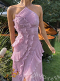 Lilac Halter Asymmetric One Shoulder Pleated Chiffon A-Line Prom Dress with Diagonal Spiral Ruffles High Slit and Open Back